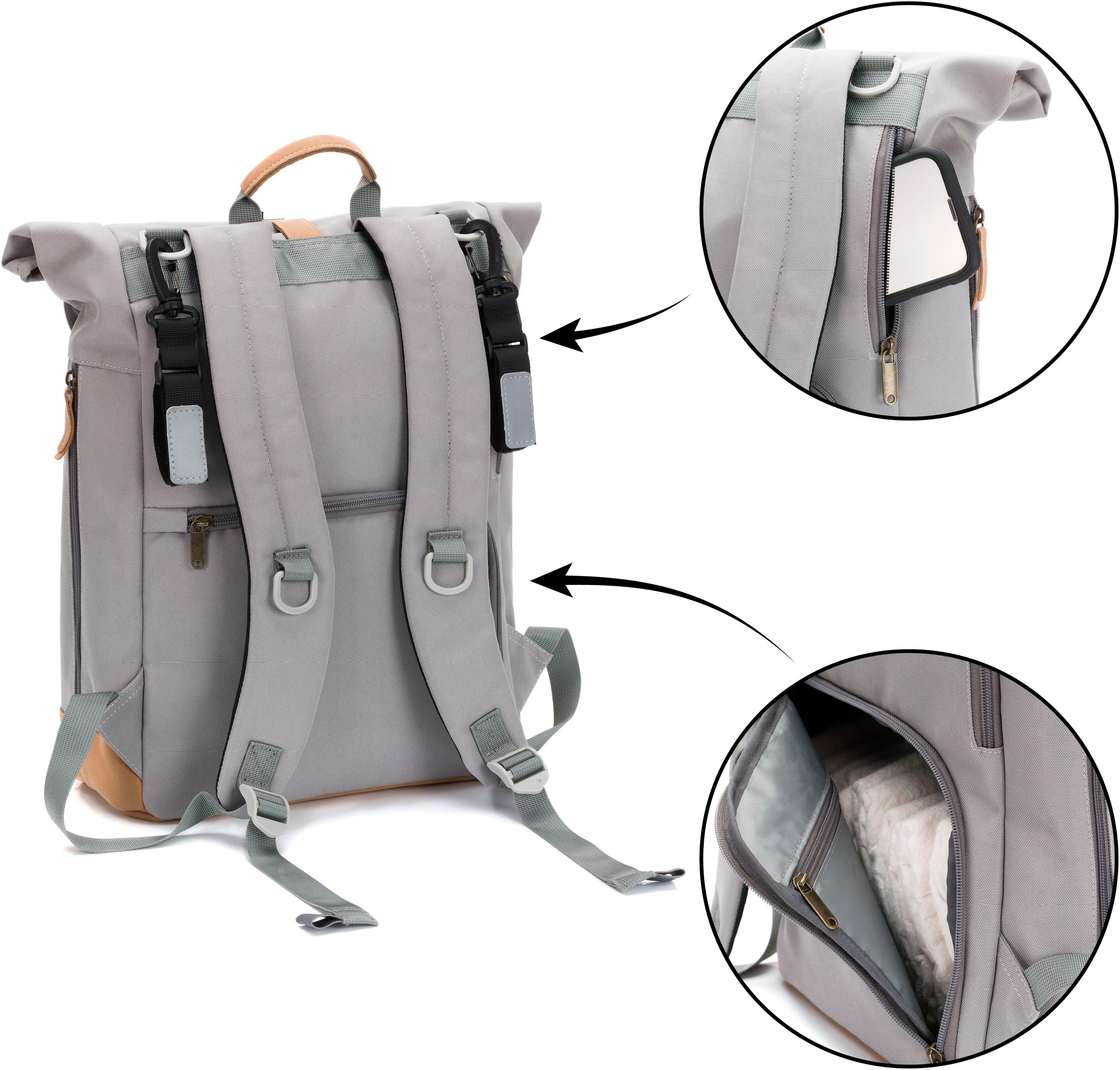 Fillikid Wickelrucksack »Rolltop Berlin grau«, Reflektoren, inkl. Wickeltunterlage