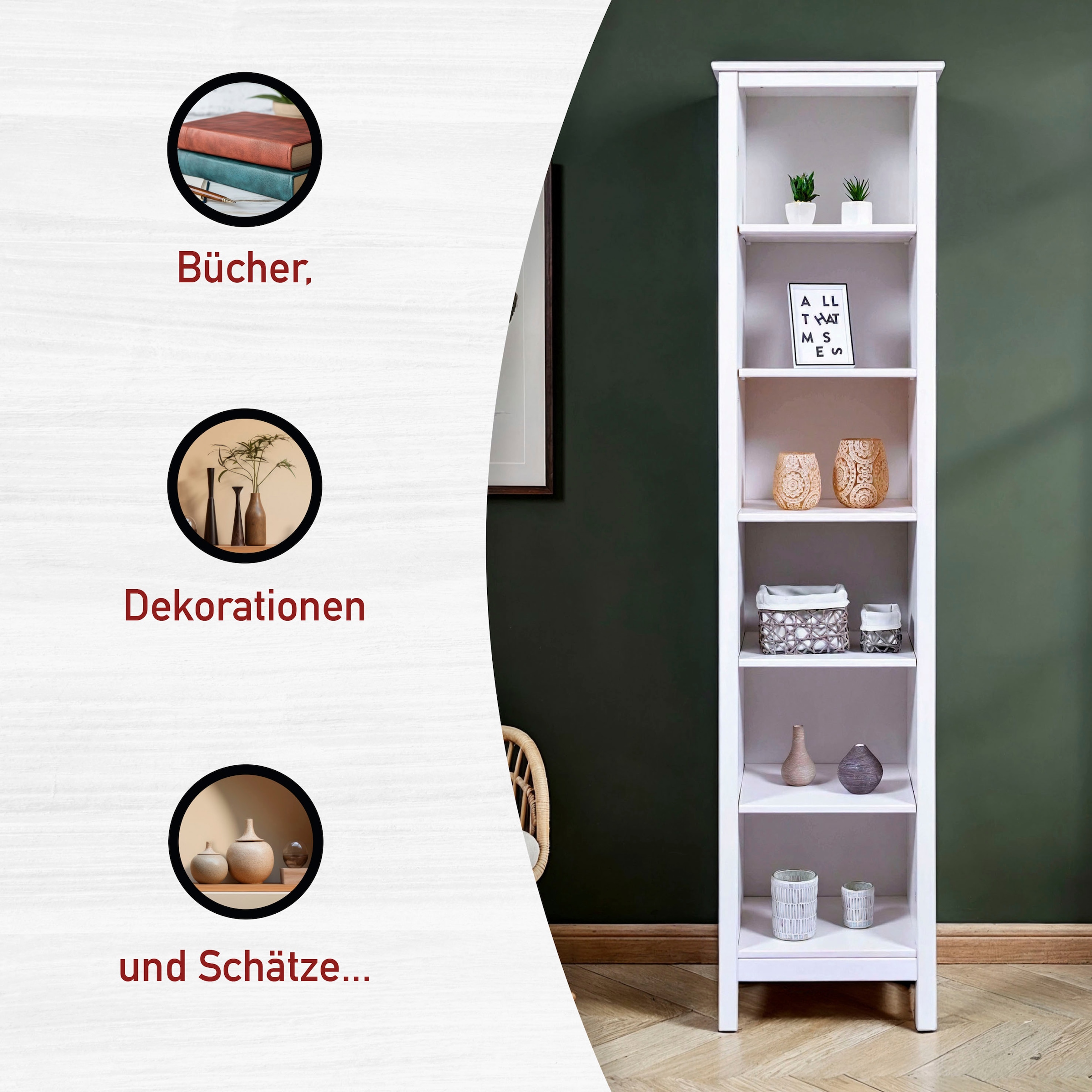 Inter Link Standregal »Pinora, Kiefer Massivholz Weiss, 5 Einlegeböden, 82 x 39,50 x 197 cm« 1 Stk. tlg. Regal im modernem Skandi Look, 2 Größen erhältlich
