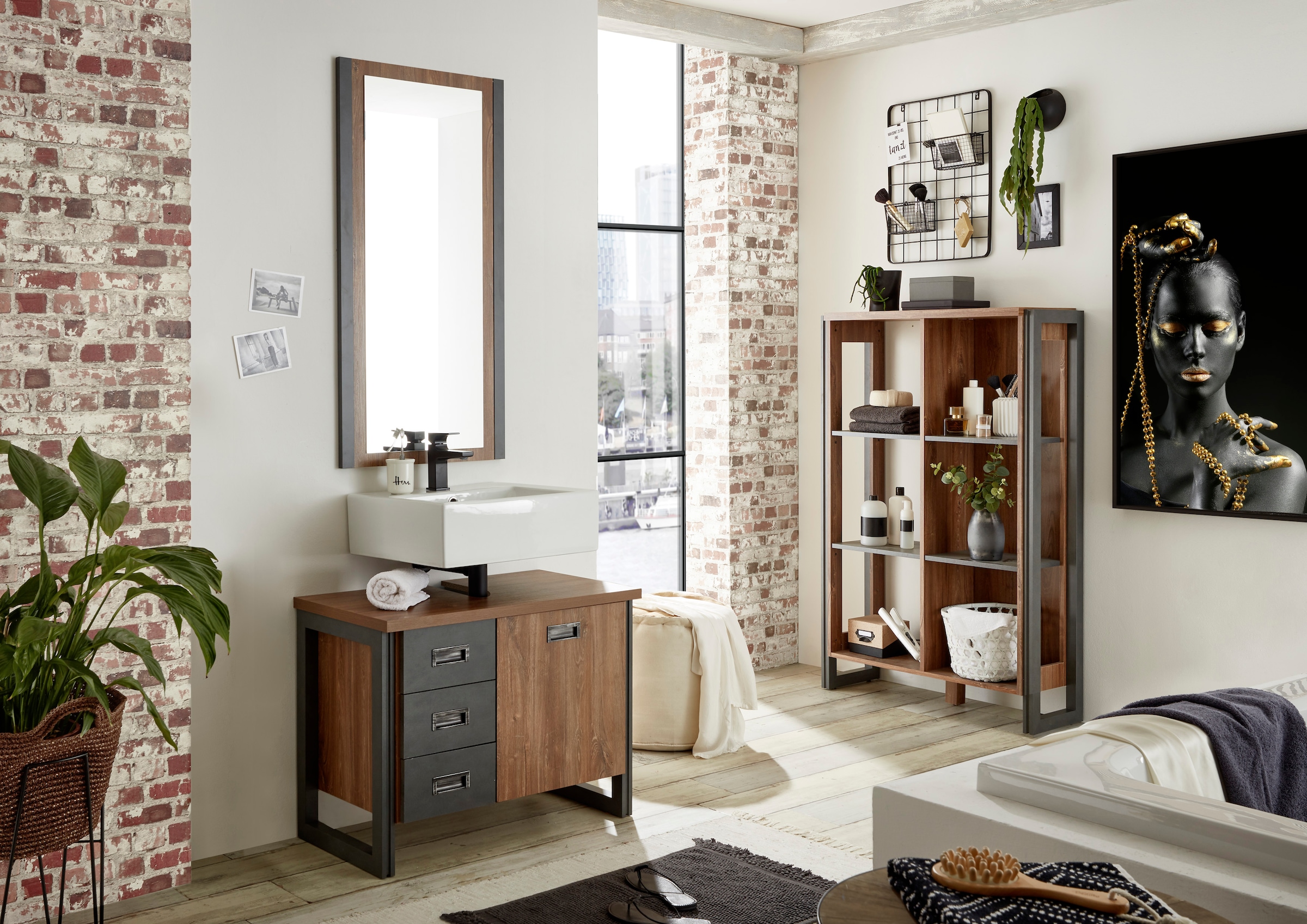 Home affaire Waschbeckenunterschrank »Detroit, Waschtisch mit Apothekergriff, Badschrank im Industrialdesign«, Eiche Dekor, mit Schubladen & Stauraum, Breite 81 cm