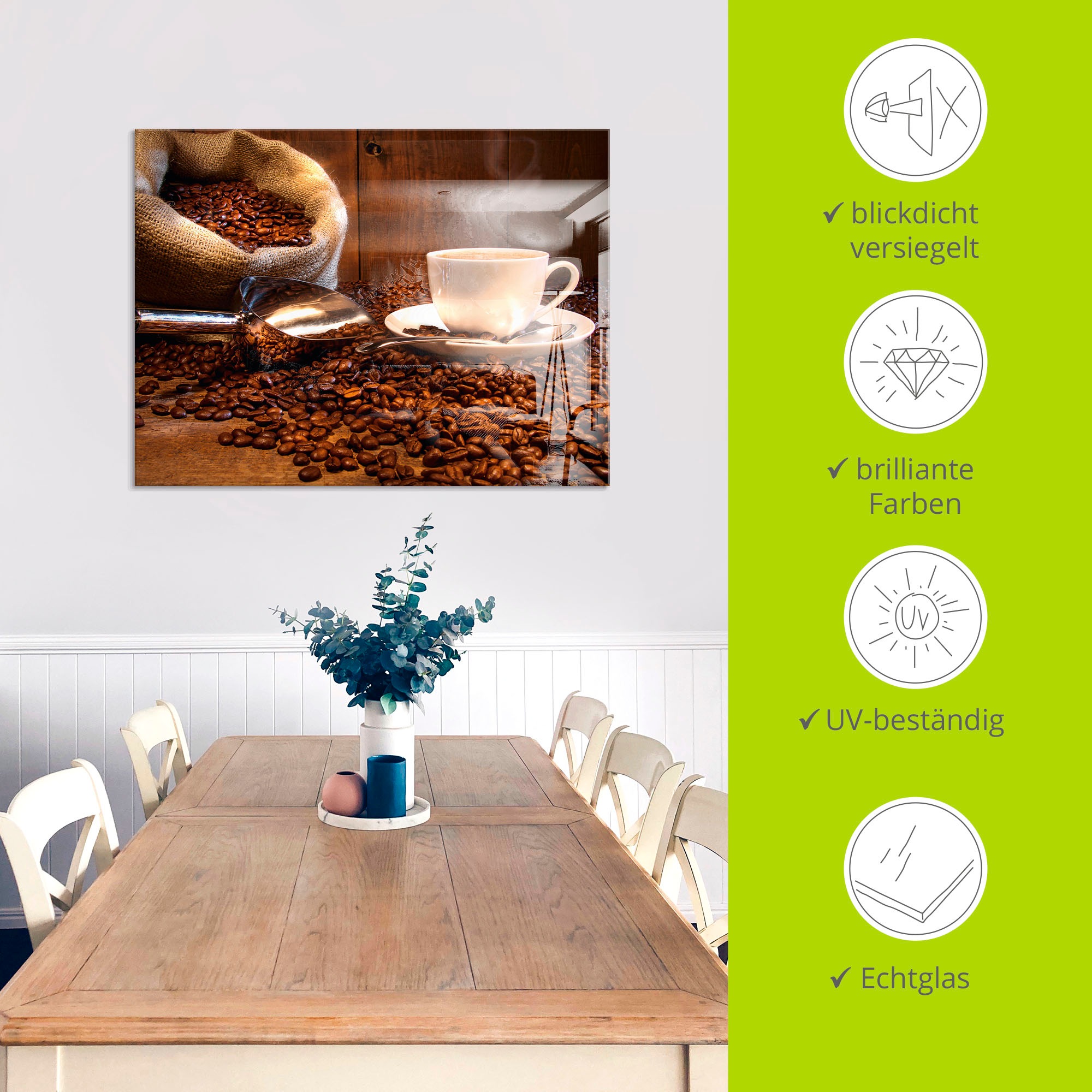 Artland Glasbild »Kaffeetasse und Leinensack auf Tisch«, Getränke, (1 St.), in verschiedenen Größen