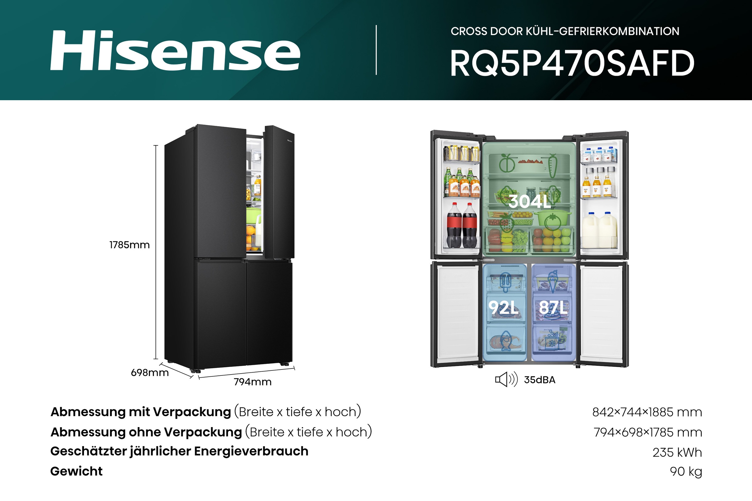 Hisense Multi Door »RQ5P470SAFD«, MetalCooling Innenwand