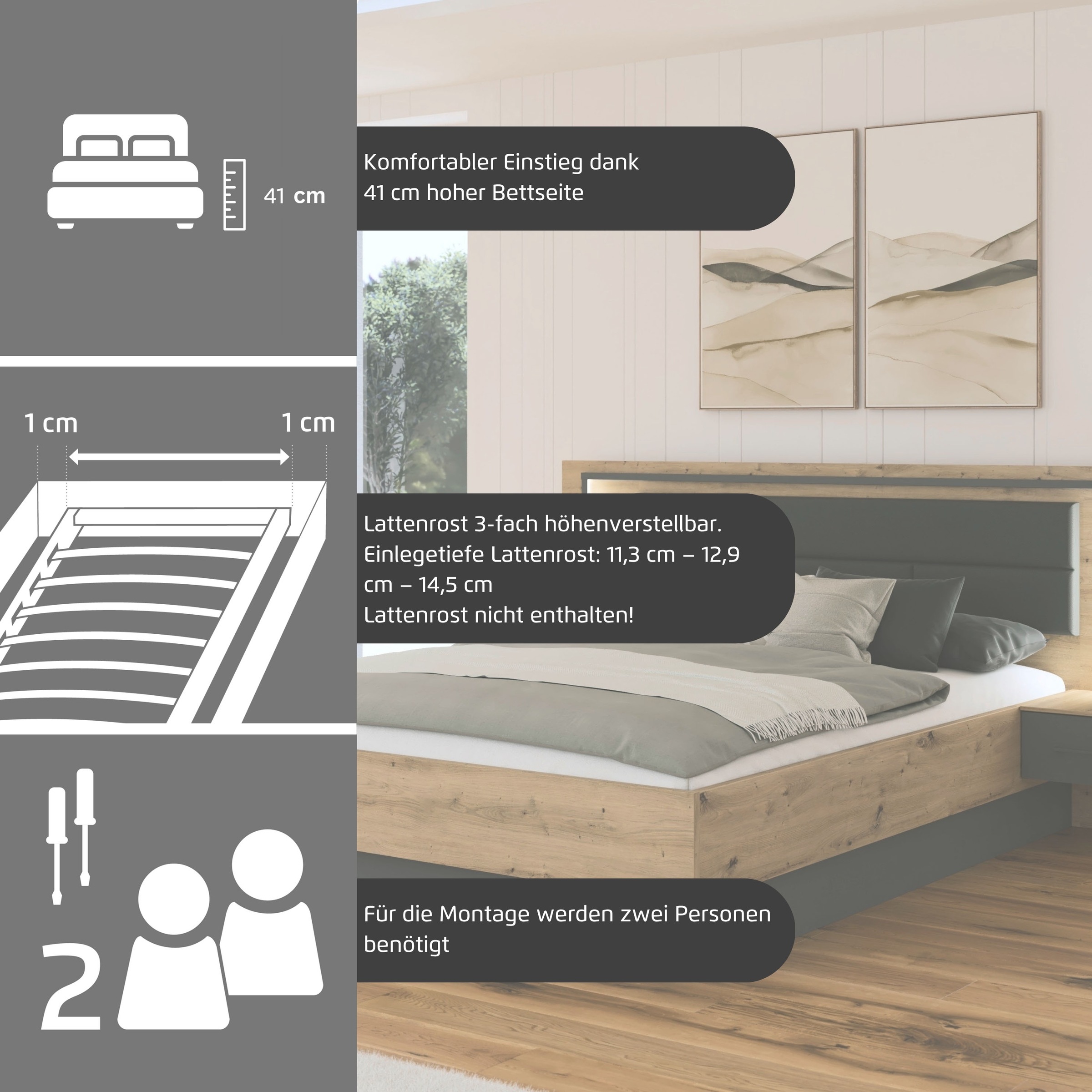 rauch Bettanlage »Bett Doppelbett Komortbett BILBAO-EXTRA« Set, Liegefläche 160x200 oder 180x200 cm, 3 tlg. tlg. Polster-Kopfteil in Lederoptik basalt, mit Beleuchtung MADE IN GERMANY