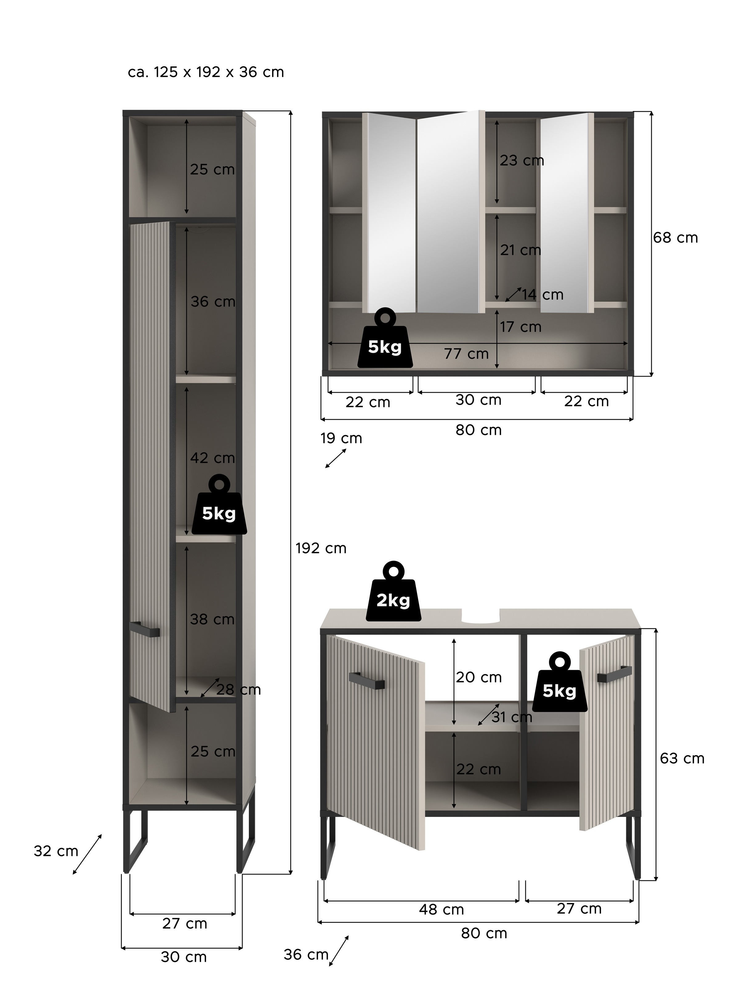 welltime Badmöbel-Set »Locri, Breite 125 cm, Rillenoptik, Metallkufen«, (3 St.), best. aus: Hochschrank, Waschbeckenunterschrank, Spiegelschrank