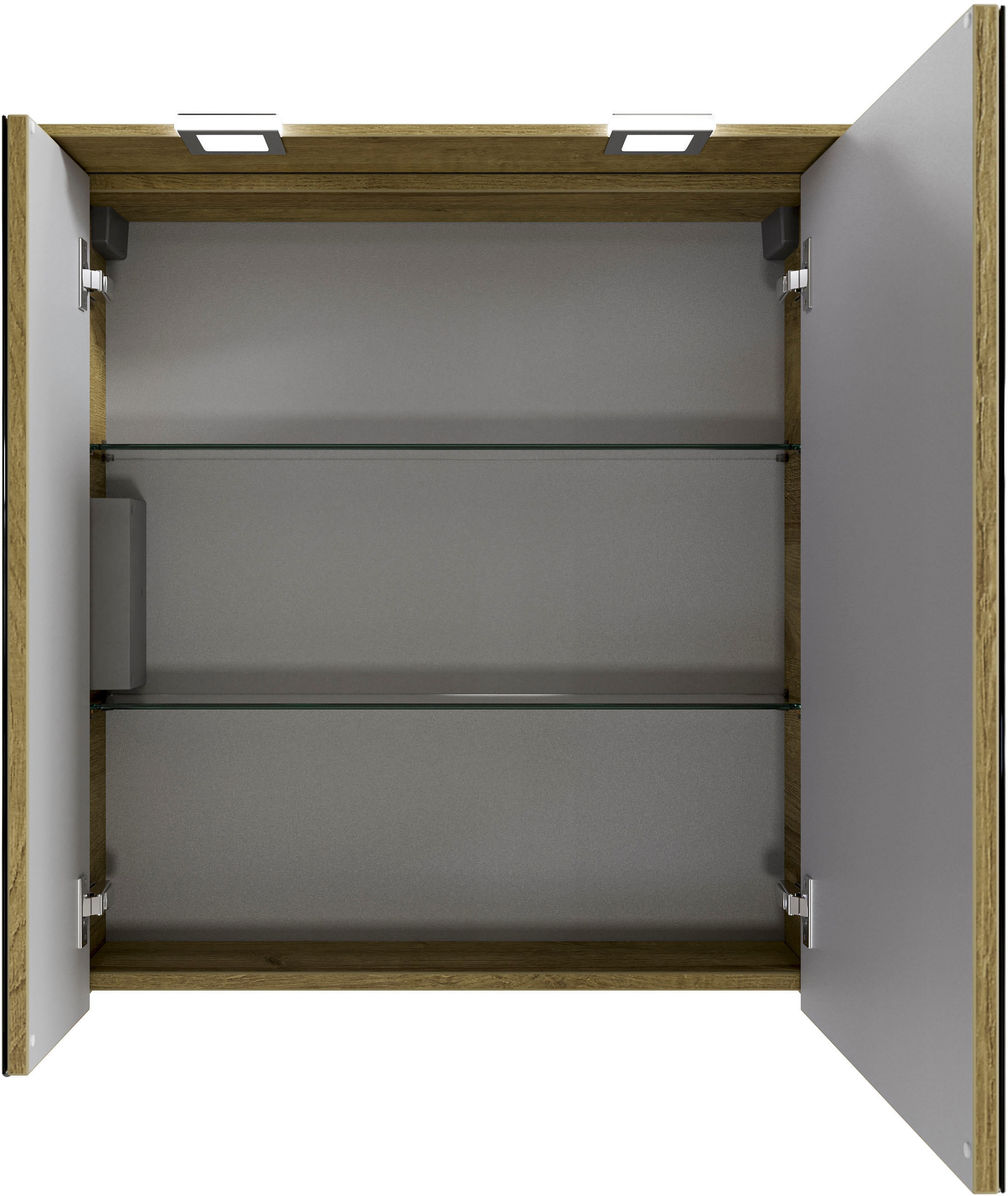 Saphir Badmöbel-Set »Serie 6025 2-teilig Mineralmarmor-Waschtisch mit LED-Spiegelschrank«, (2 St.), Waschplatz 67 cm breit, 2 Schubladen, 2 Spiegel-Türen, inkl Türdämpfer