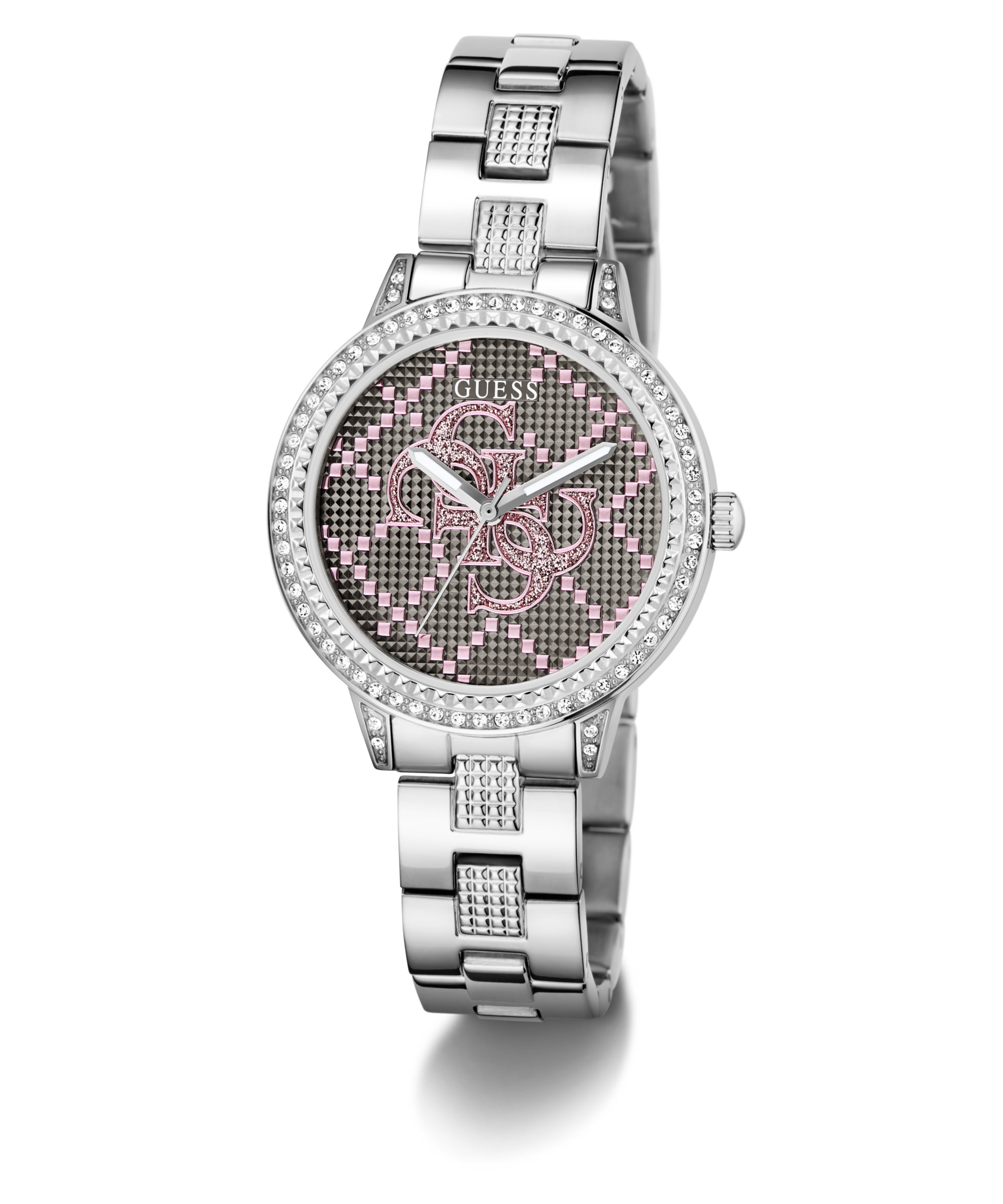 Guess Quarzuhr »G LACE«, Armbanduhr, Damenuhr, Edelstahlarmband, Kristallsteine