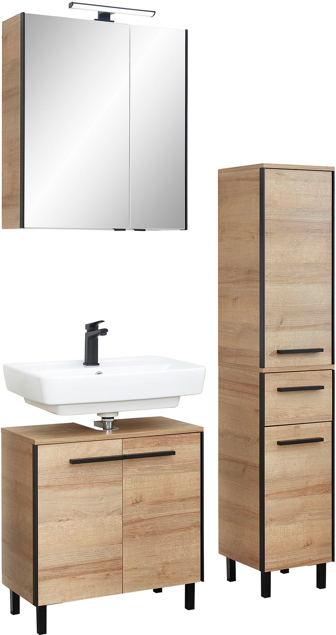 Saphir Badmöbel-Set »Quickset 395 3-teilig, Waschbeckenunterschrank mit LED-Spiegelschrank«, (4 St.), Midischrank, inkl. Türdämpfer, 6 Türen, 1 Schublade, Bad-Set