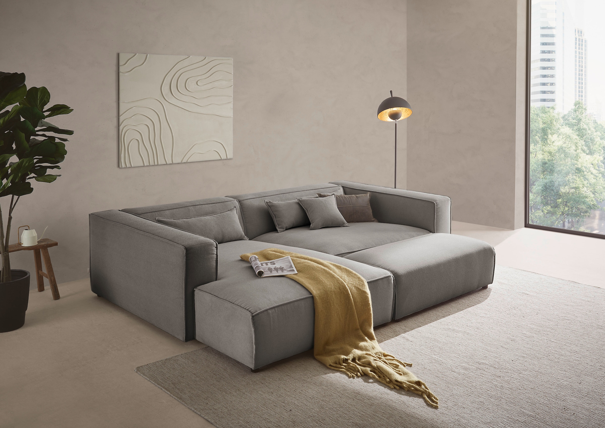 LeGer Home by Lena Gercke Polsterecke »PIARA XXL, L-Form mit Schlaffunktion, Big-Sofa in Cord o. Leinenoptik«, Hocker stellbar zum Schlafsofa (Krokodilverbinder), tiefe Sitzfläche