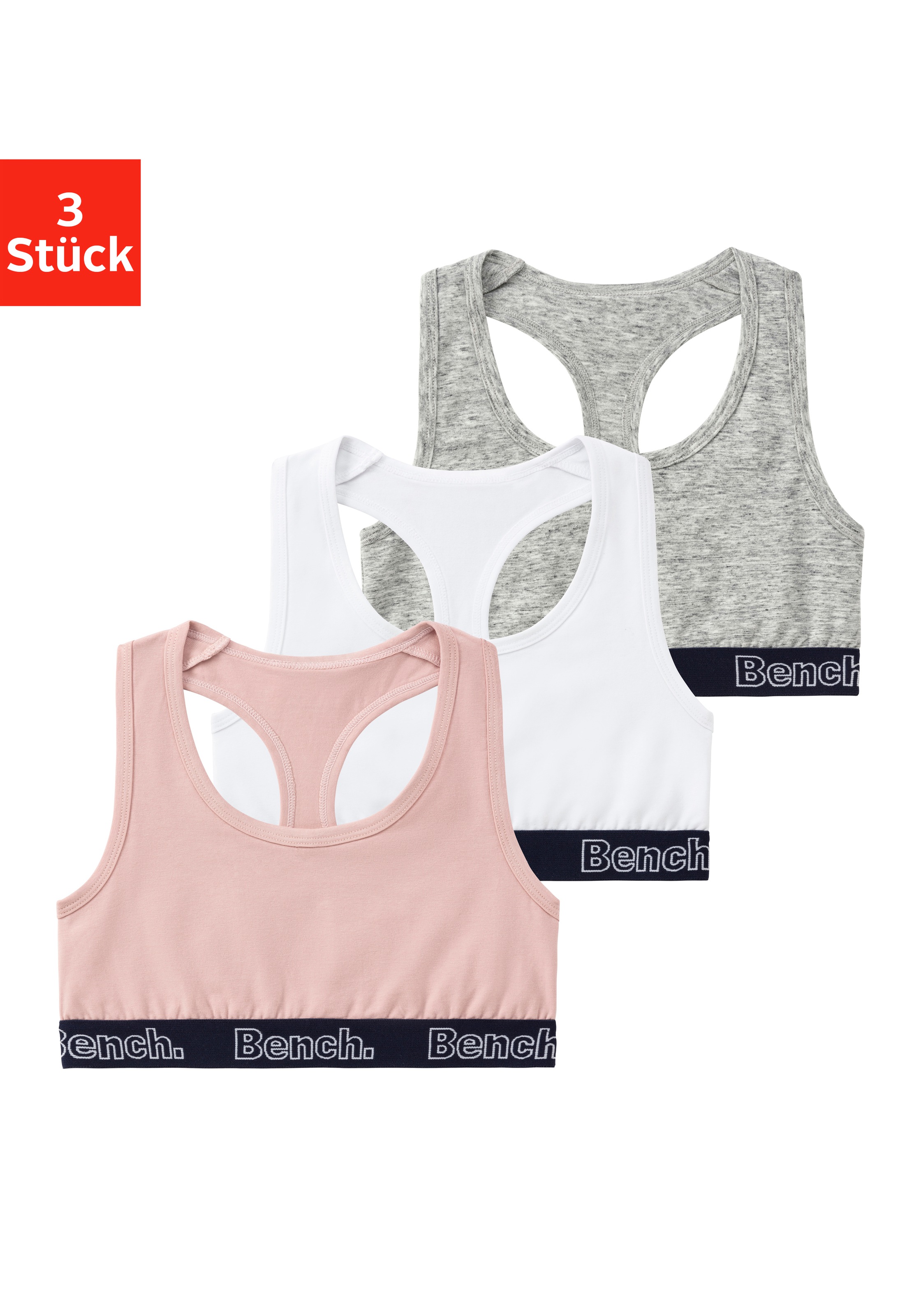 BENCH. Bustier Packung, 3 Stk. tlg., in sportlicher Optik mit Ringerrücken rosa / weiß / grau-meliert 158/164 - N-Gr N-Gr 158/164 Bustier von BENCH
