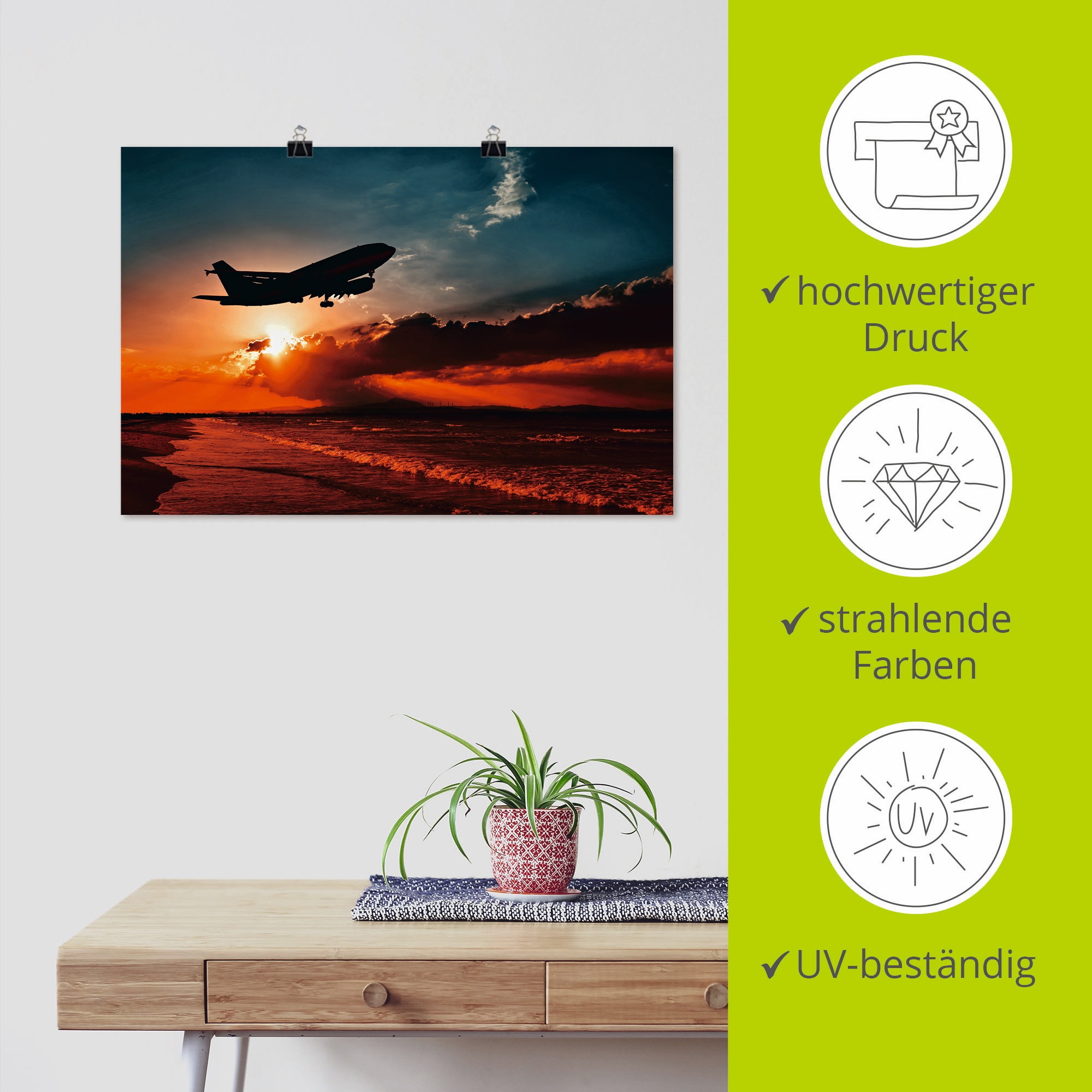 Artland Poster »Startendes Linienflugzeug am Abendhimmel«, Flugzeuge & Helikopter, (1 St.), als Alubild, Leinwandbild, Wandaufkleber oder Poster in versch. Größen