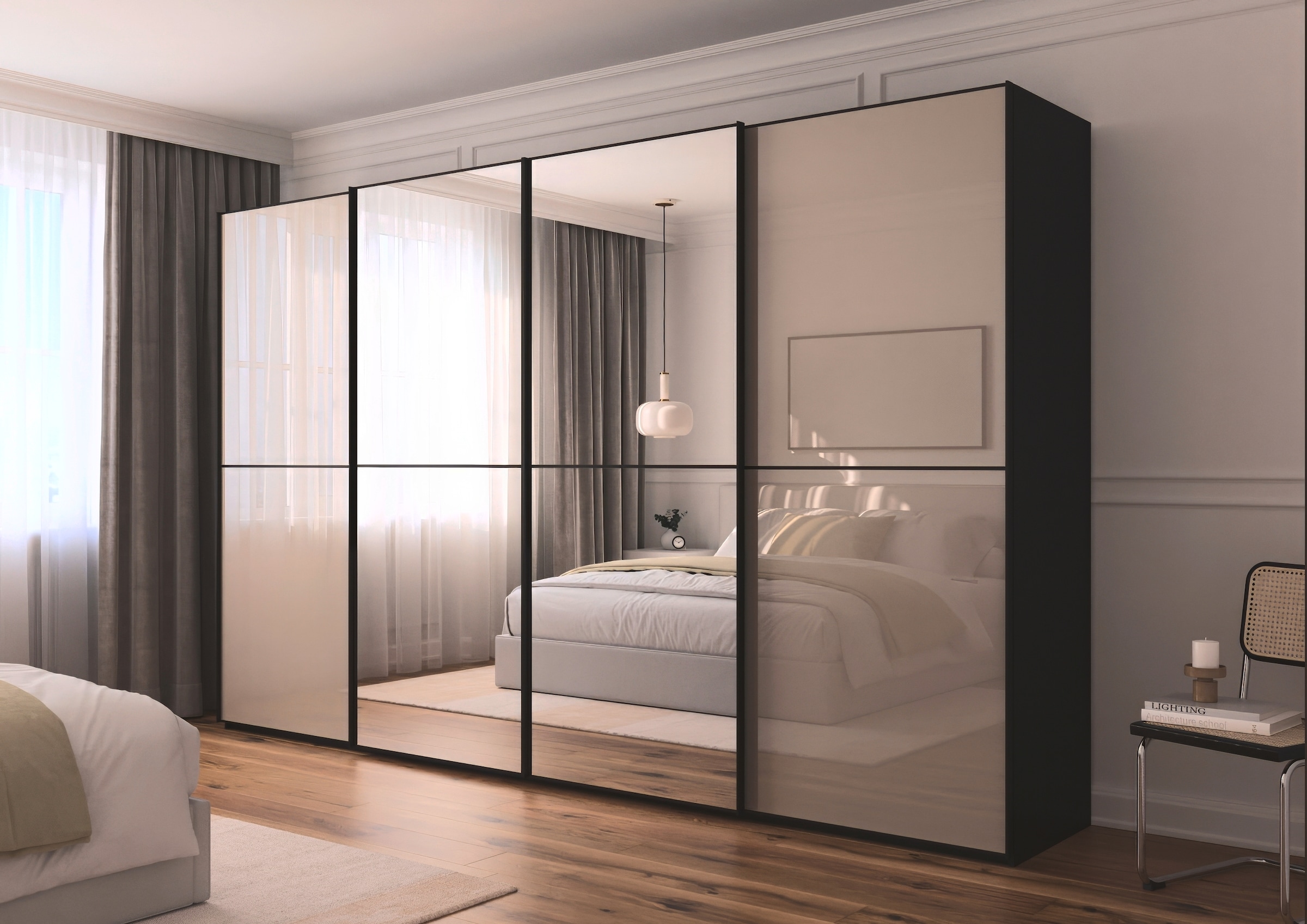 rauch Schwebetürenschrank »Kleiderschrank Schrank Garderobe Schlafzimmerschrank SCALE-DUO«, edle zweigeteilte Türen Spiegel/Glas-Mix 3 Zierleisten MADE IN GERMANY