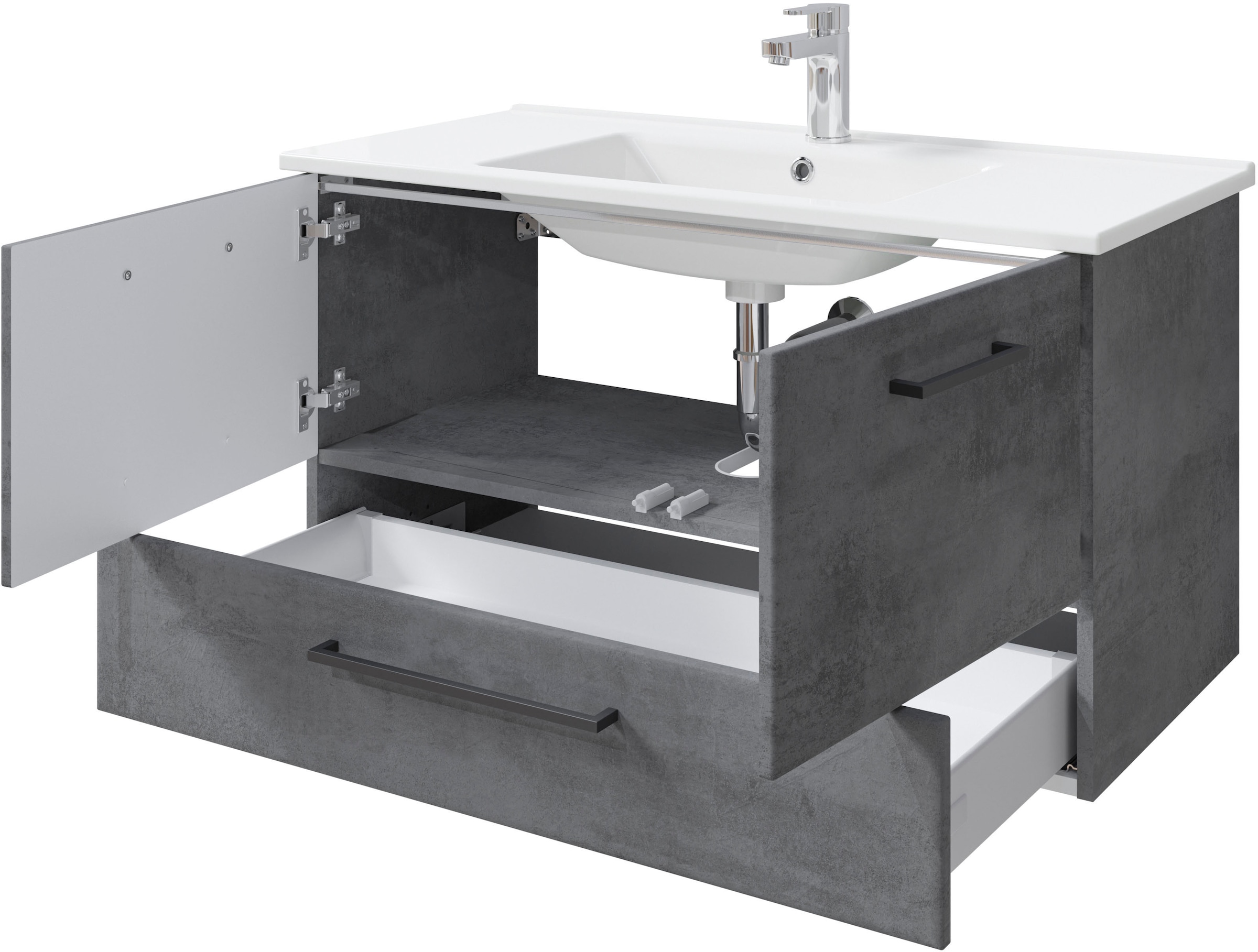 Saphir Badmöbel-Set »Quickset 945 3-teilig, Keramik-Waschtisch mit LED-Spiegelschrank«, (4 St.), Unterschrank, 6 Türen, 3 Schubladen, 8 Einlegeböden, inkl. Türdämpfer