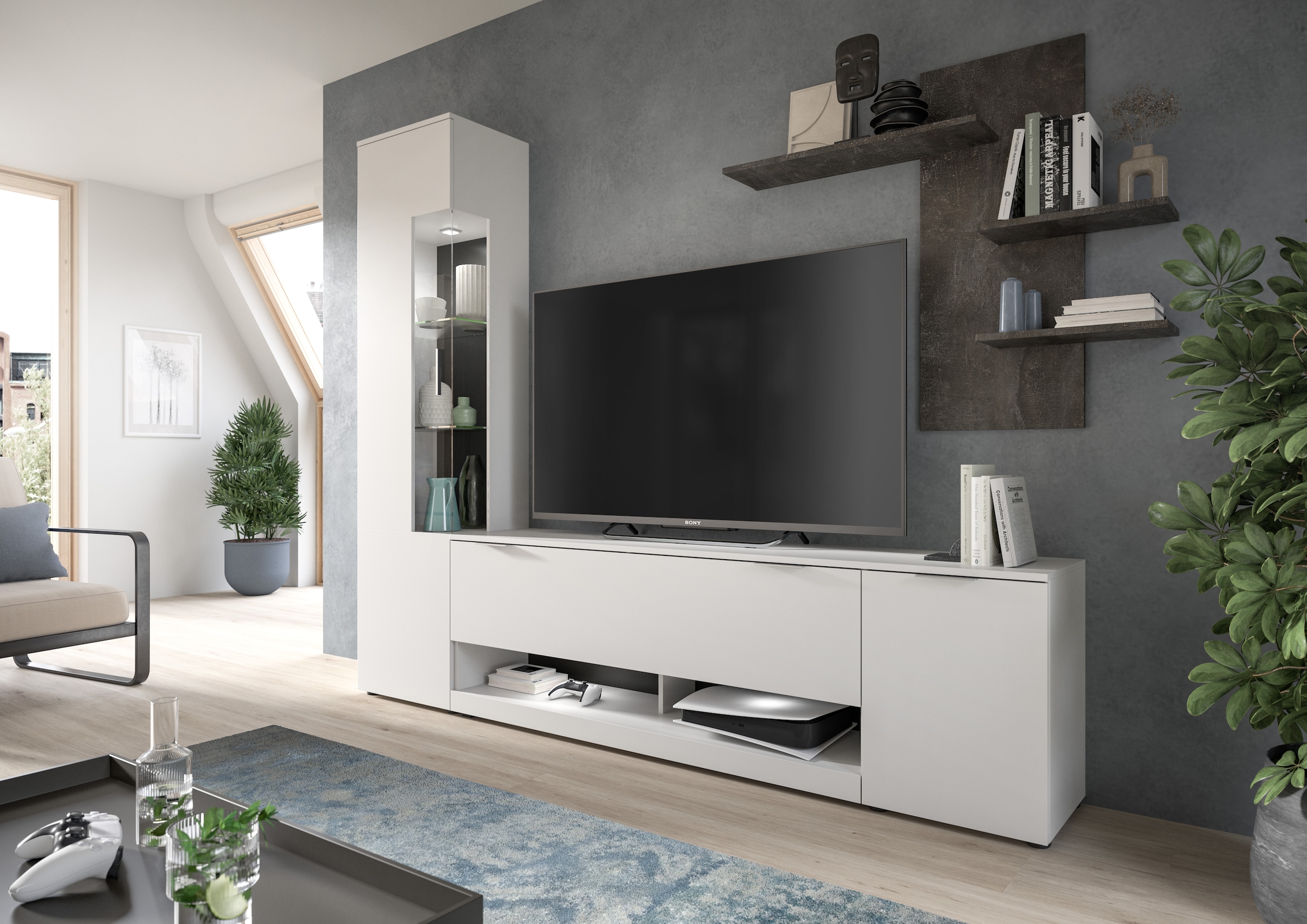 INOSIGN Wohnwand »Porto, Breite 250cm, in Weiß/Beton Nachbildung«, (3 St.), TV-Wand, Mediawand, Lowboard, Vitrine, Wandboard