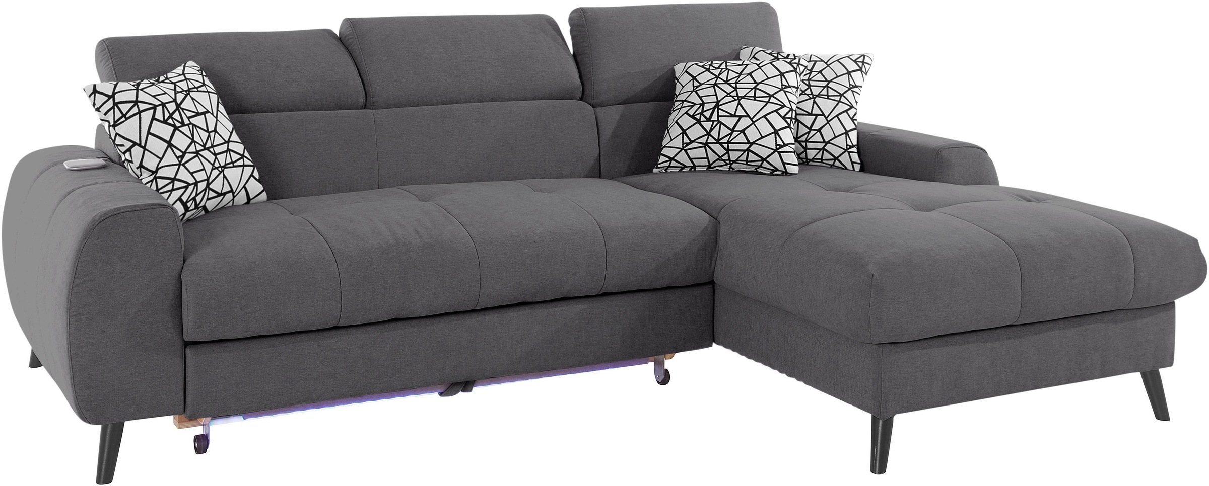 COTTA Ecksofa »Mia L-Form mit 3 Zierkissen«, wahlweise mit Bettfunktion, Bettkasten, Beleuchtung & Wireless-Charger
