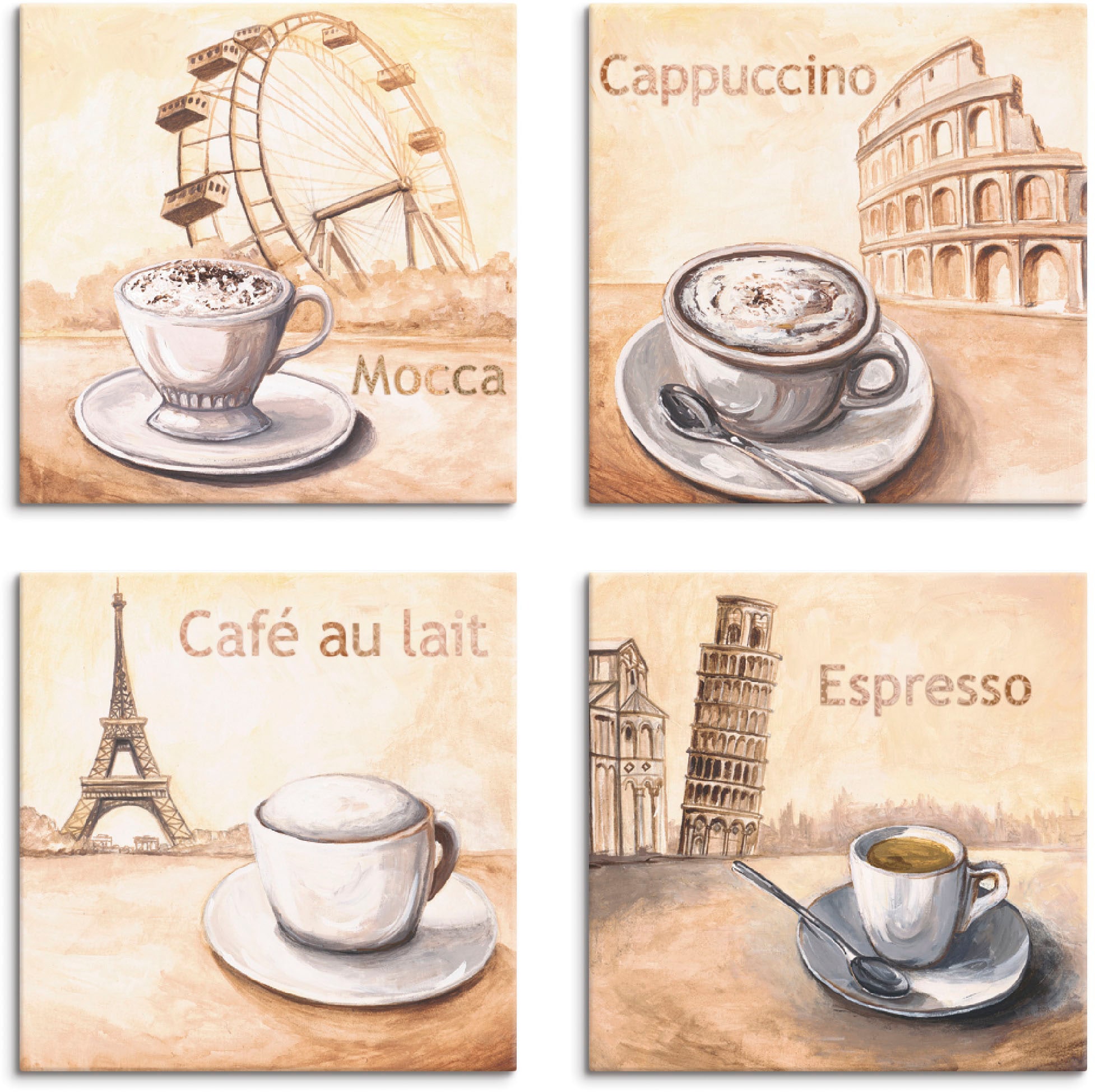 Artland Leinwandbild »Mocca Cappuccino Café au lait Espresso« Getränke 4 St günstig online kaufen