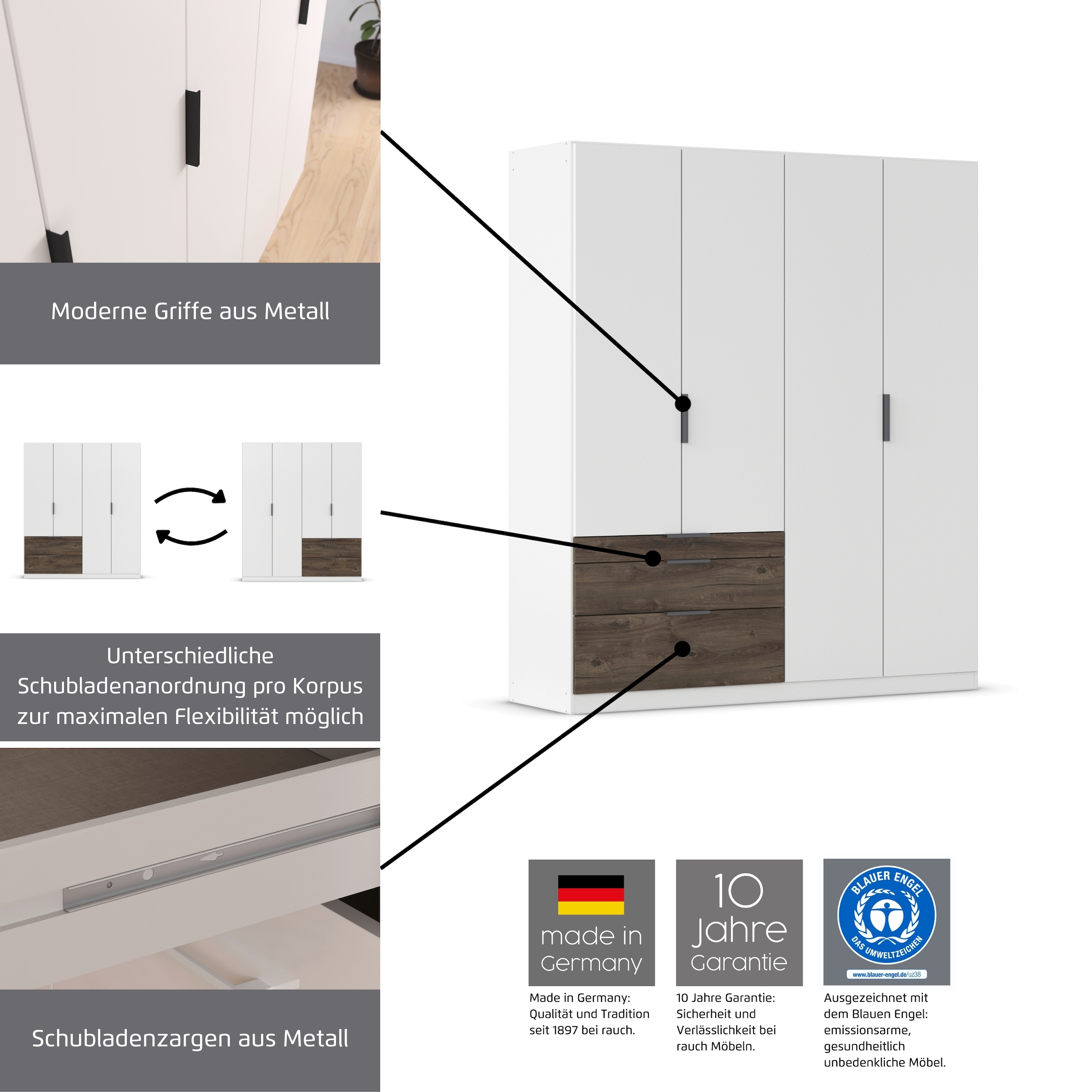 rauch Kleiderschrank »Drehtürenschrank Schrank Garderobe Schlafzimmerschrank KODA«, (oberer Schubkasten mit praktischer Inneneinteilung), mit asymmetrisch angeordneten Schubladen MADE IN GERMANY