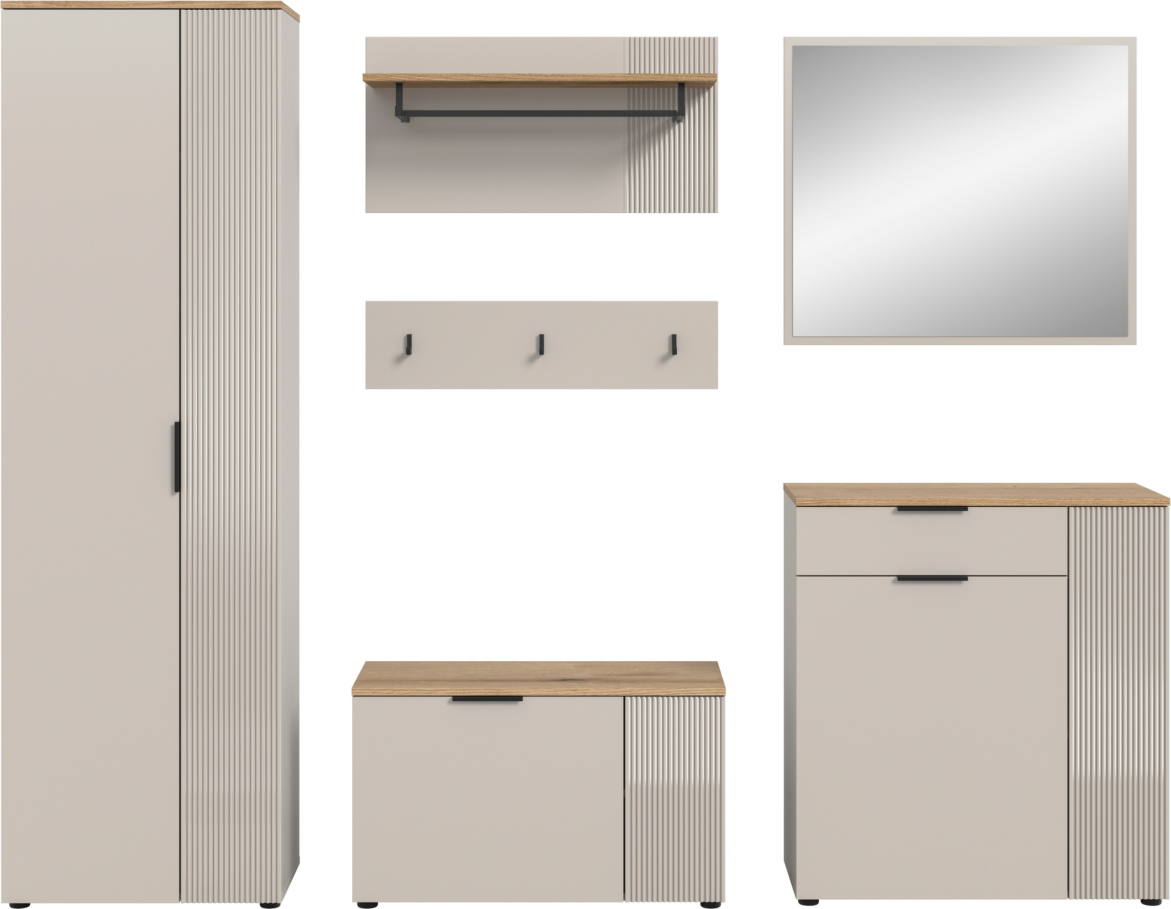 INOSIGN Garderoben-Set »EDIL, Breite 250 cm, 6-teilig, Front mit hochwertiger Längstfräsung« Set, Hochschrank, Sitzbank, Paneel, Hakenleiste, Kommode & Spiegel, 5 Stk. tlg.