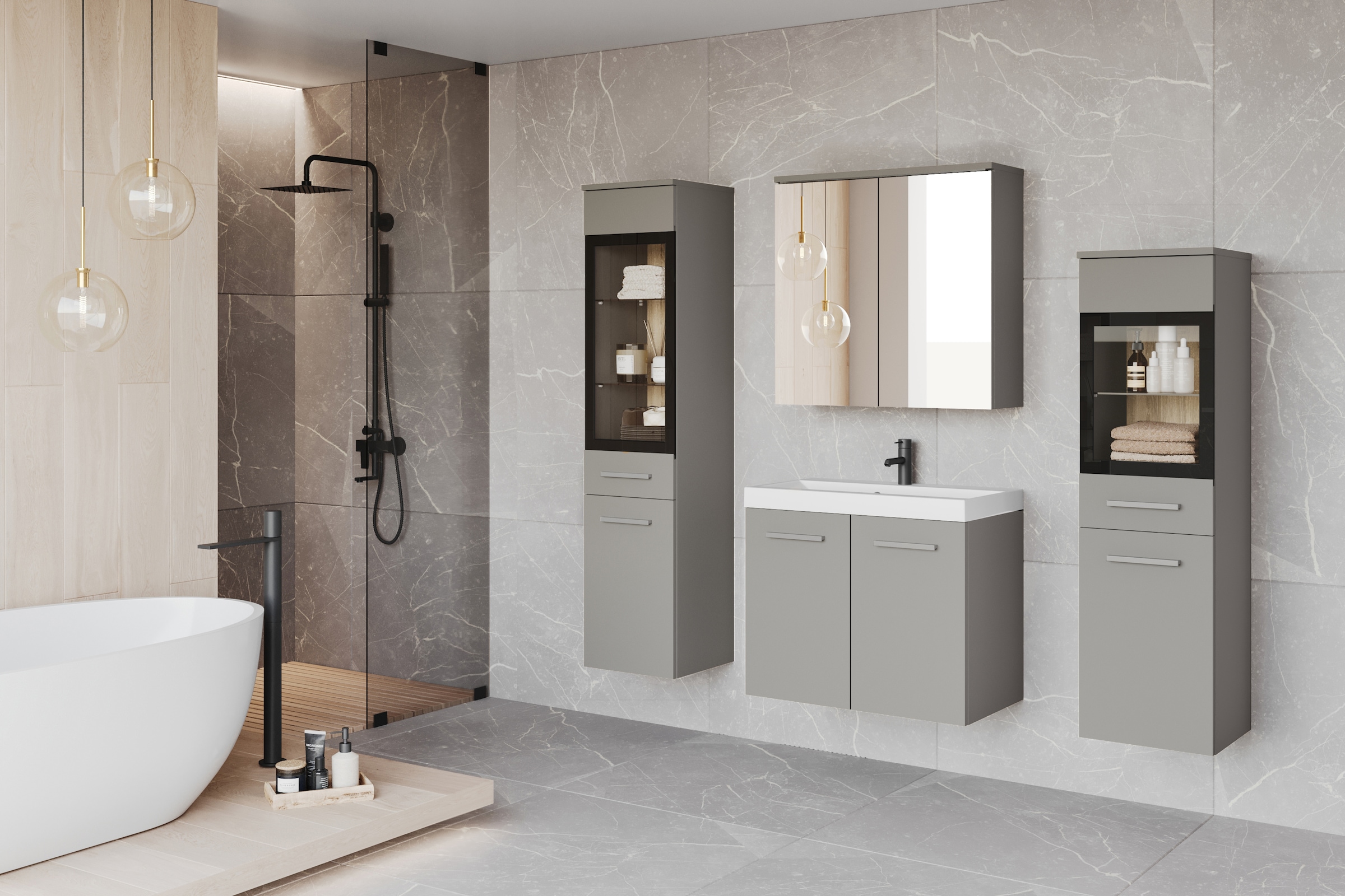 welltime Badmöbel-Set »MADRIT II, Schrank mit Waschbecken, 2 Hänger, Spiegelschrank«, (Komplett-Set, 5 St.), Hängende Badmöbel mit Glaseinsätzen – in vielen Farben erhältlich