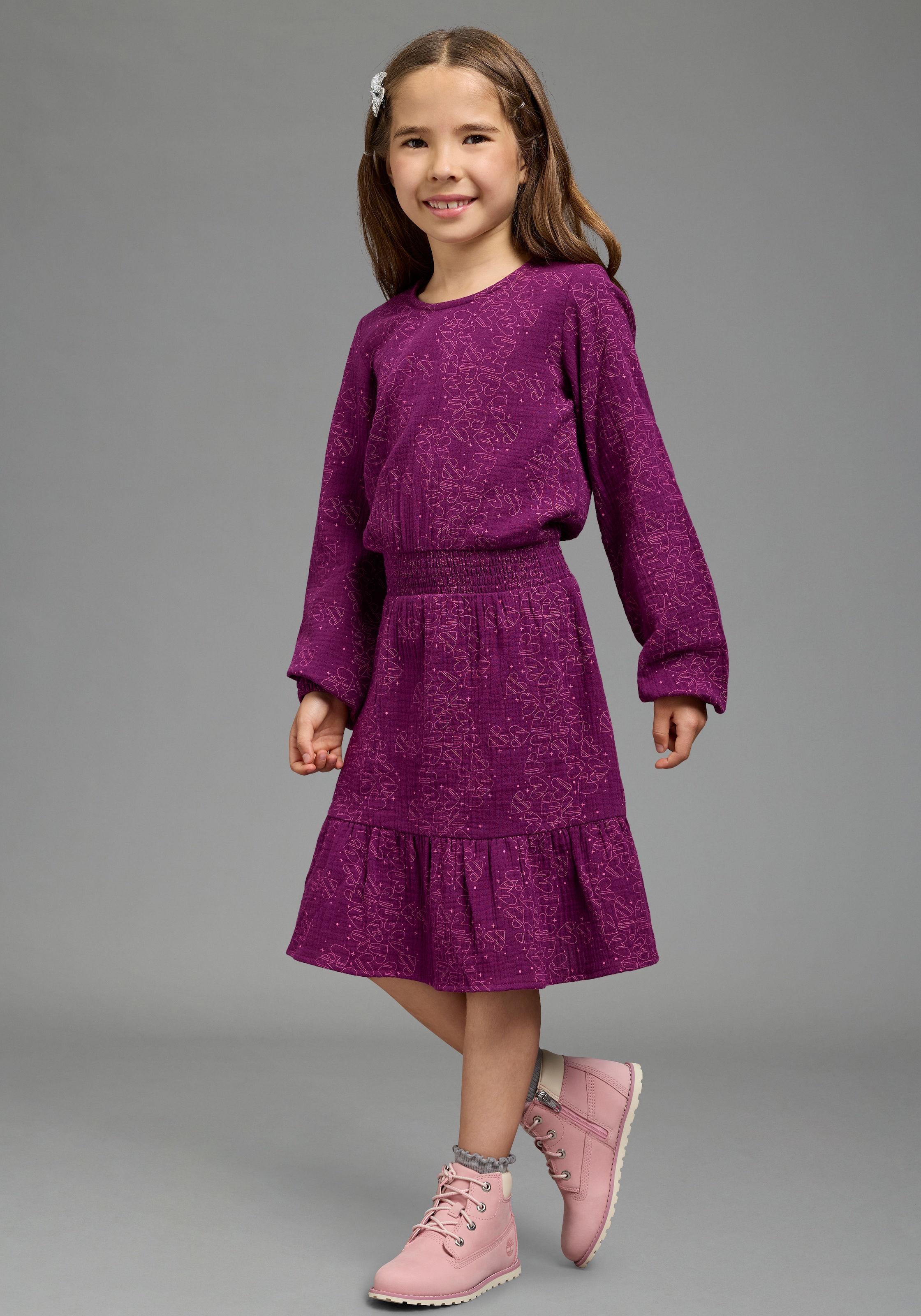 Scout Hemdblusenkleid »Musselin Kleid mit allover-Herzenmuster - NEU von SCOUT« Ohne Tasche für Mädchen, knielang, mit Volant am Saum, mit gesmokter Taille