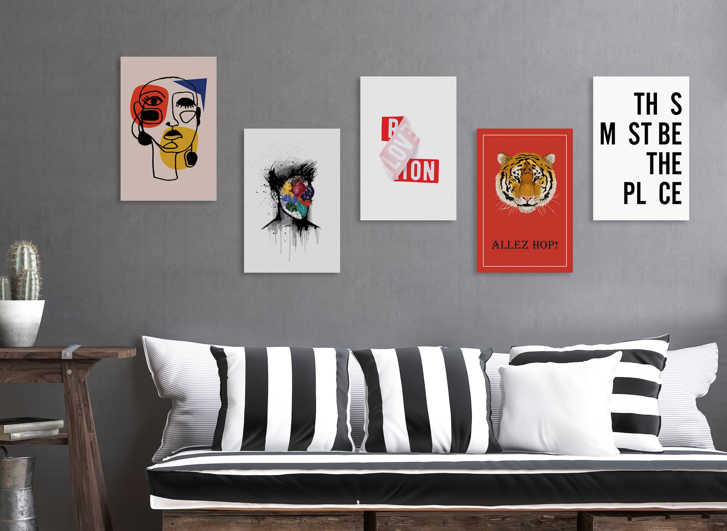 queence Leinwandbild »Tiger ALLEZ HOP!« Kunst | Modern | Raubkatzen | Schriftzug | Tiere | Tiger Premium-Leinwandstoff, Handarbeit aus Deutschland