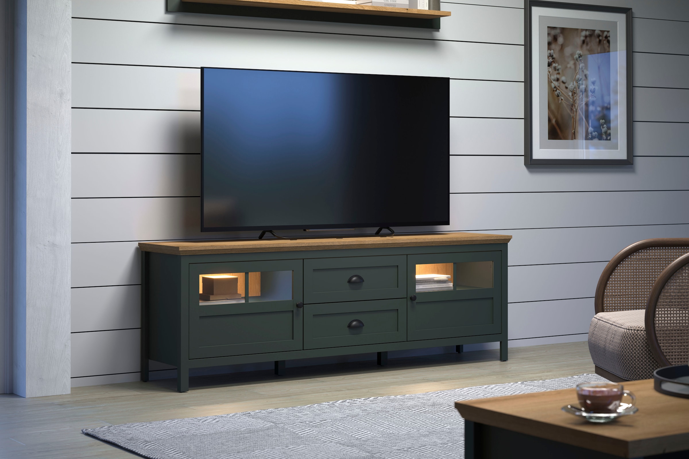 Home affaire TV-Board »Vienna« 1 Stk. tlg. Lowboard mit Beleuchtung und Vollauszug-Schublade - B/T/H 184/45/64 cm
