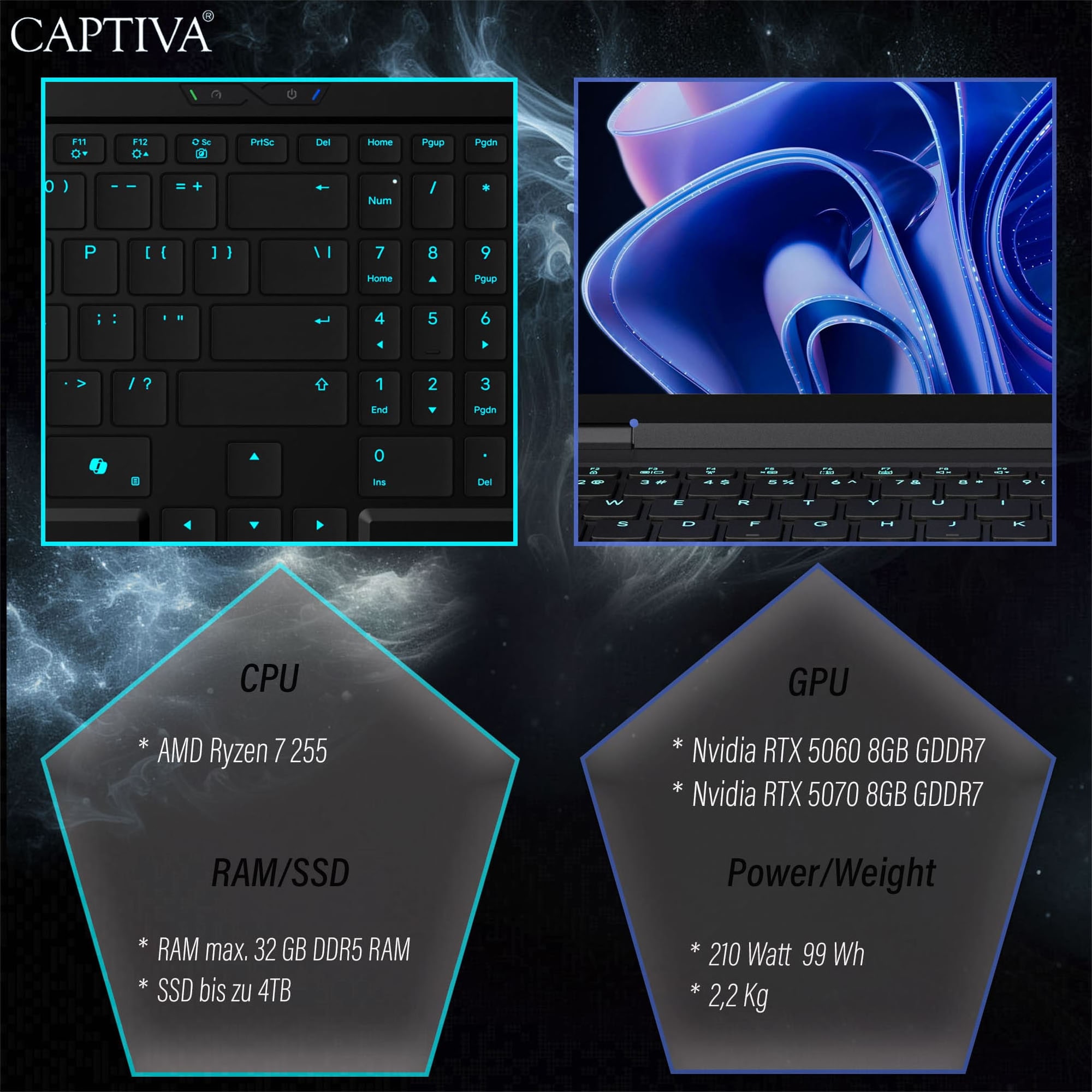 CAPTIVA Gaming-Notebook »Highend Gaming R10-1032GE« 38,9 cm / 15,3 ″ AMD Ryzen 7 GeForce RTX 5070 2.000 GB SSD